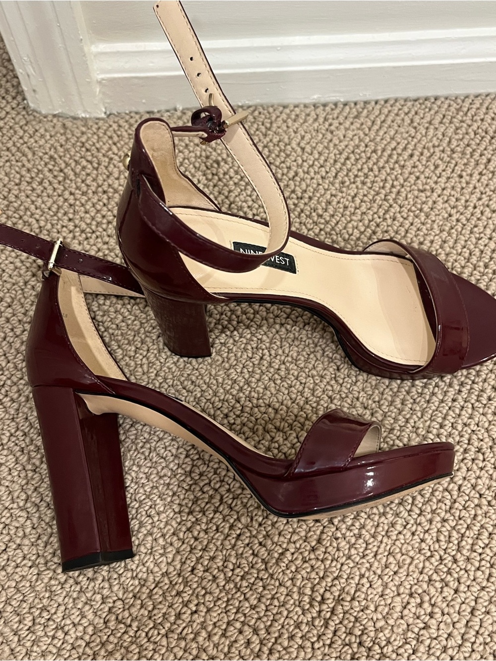 Like new! Nine West Burgundy Patent Ankle-Strap Block Heels - Picture 2 of 14